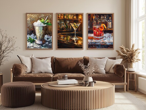 Cocktail Wall Art Set of 3 – Martini, Mint Julep & Negroni Bar Prints – Modern Drink Kitchen Decor