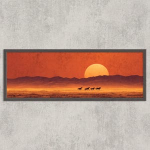 Wild Horses Sunset Print: Panoramic Prairie Landscape Wall Art