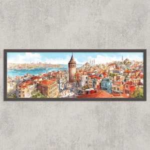 Galata Tower Print: Istanbul Watercolor Panorama, Turkey Art