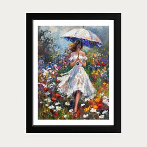 Elegant Lady in Flower Field Wall Art – Feminine Nature Scene Print – Romantic Boho Decor – Floral Meadow Poster – Aesthetic Artwork
