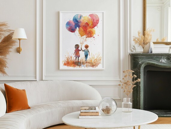Whimsical Watercolor Art Print of Children Holding Balloons – Nursery Wall Decor, Playroom Art, Childhood Memories Illustration