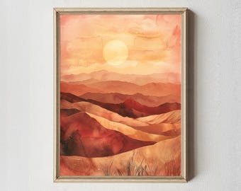 Desert Sunset Painting: Warm Earth Tone Landscape Print