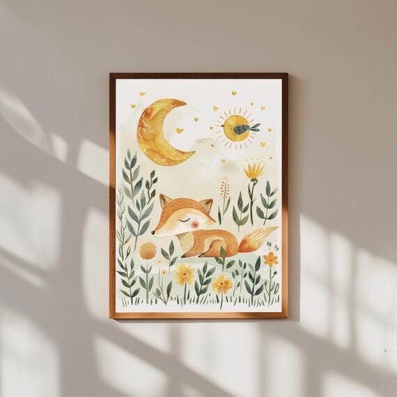 Watercolor Fox Nursery Wall Art – Sleeping Fox Under Moon & Awake Fox Under Sun – Day and Night Animal Print for Baby Room