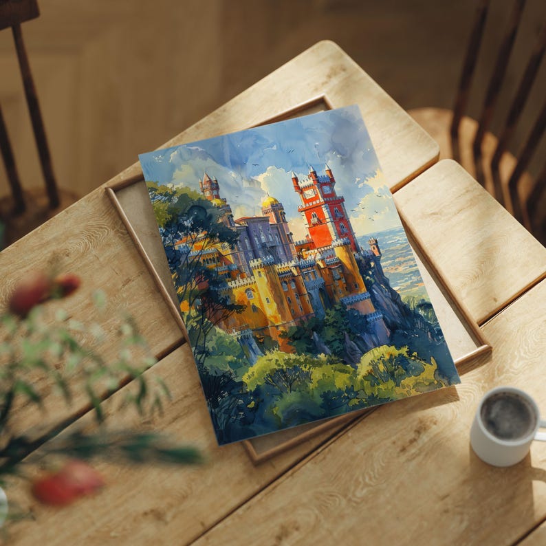 ""Pena Palace"" Aquarell Gemälde: Burg Sintra Portugal Kunstdruck." Bild 2