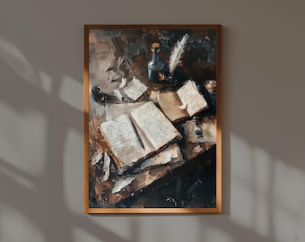 Dark Academia Kunstdruck: Vintage Schreibtisch, Literatur Dekor