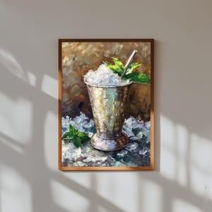 Mint Julep Oil Painting – Frosted Silver Cup with Fresh Mint – Classic Southern Cocktail Wall Art for Bar or Kitchen Decor