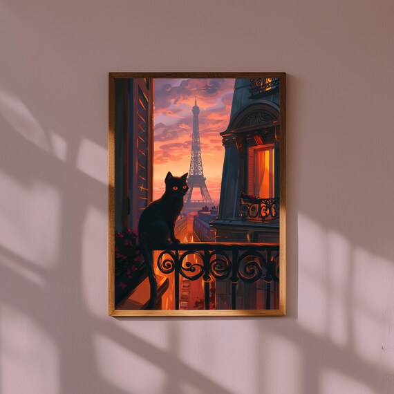 Stylish Black Cat on Paris Balcony Illustration – Eiffel Tower View Parisian Wall Art, French Chic Cat Print, Elegant Animal Decor