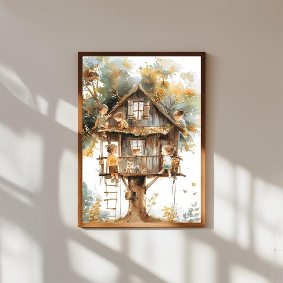 Whimsical Treehouse Watercolor Print, Children Playing in Tree House Art, Nursery Wall Decor, Childhood Adventure Illustration