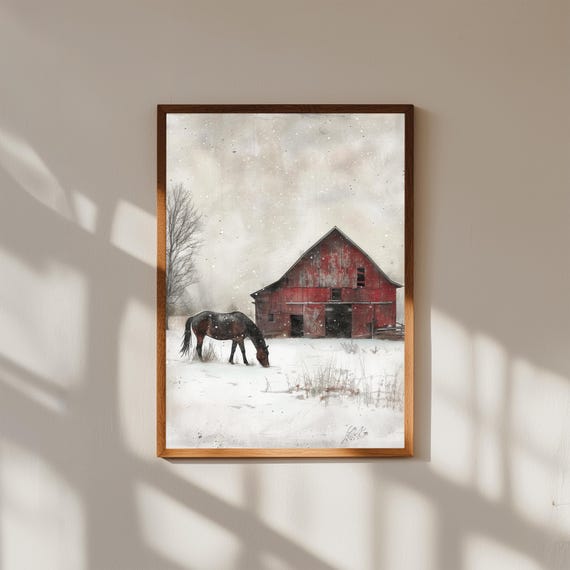 Vintage Winter Horse Print – Red Barn Snow Scene Wall Art – Rustic Country Landscape Painting – Peaceful Farmhouse Decor