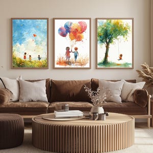 Set di 3 stampe da parete per bambini stravaganti: stampe ad acquerello per la cameretta dei bambini, decorazioni per la sala giochi, poster con palloncini e altalene sull'albero.