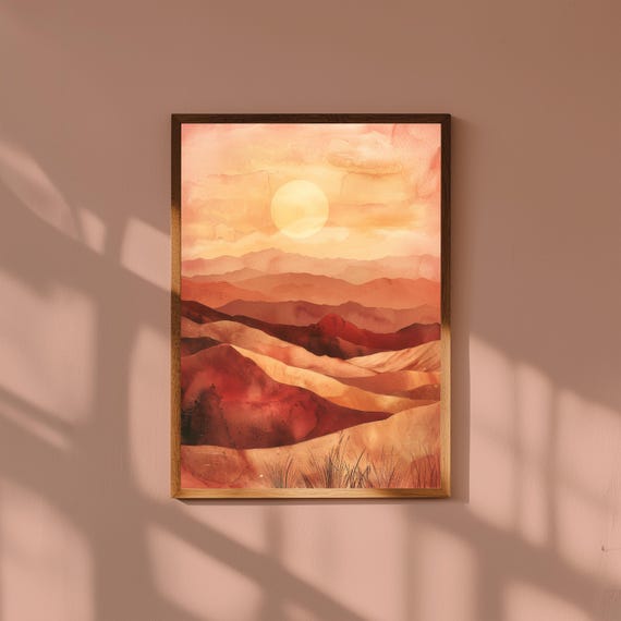 Desert Sunset Over Dunes Painting – Warm Earth Tone Landscape Wall Art – Boho Nature Print for Living Room or Bedroom