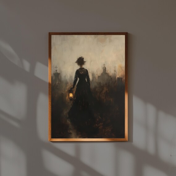 Mysterious Victorian Woman with Lantern Oil Painting – Gothic Fine Art Print – Dark Academia Wall Decor for Study or Libraryr