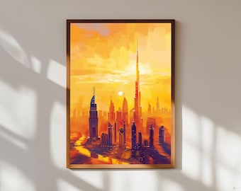 Dubai Sunset Watercolor Print: Burj Khalifa Golden Hour Cityscape