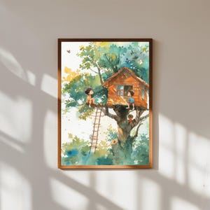 Whimsical Treehouse Watercolor Print, Children Playing in Tree House Art, Nursery Wall Decor, Childhood Adventure Illustration