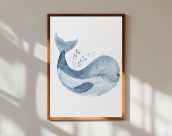赤ちゃんクジラの水彩画：海の子供部屋の壁アート