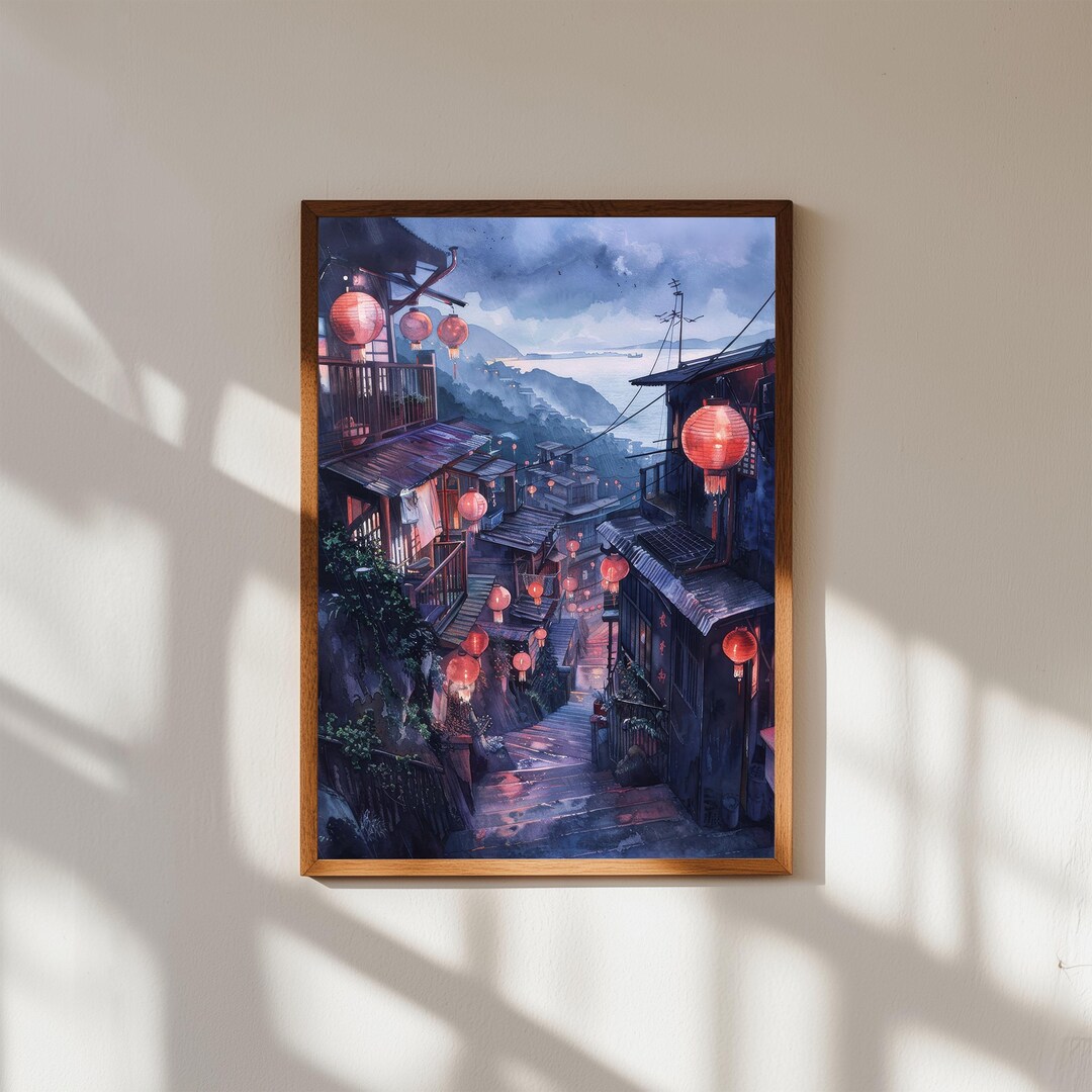 台湾・九份の水彩画：アジアのランタンストリートアート - Etsy 日本
