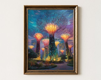 Singapore Supertree Grove Art Print: Futuristic Cityscape Oil Painting