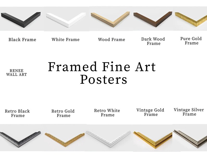 a collection of framed art posters in various colors and styles, including black, white, wood, dark wood, pure gold, and vintage gold frames.