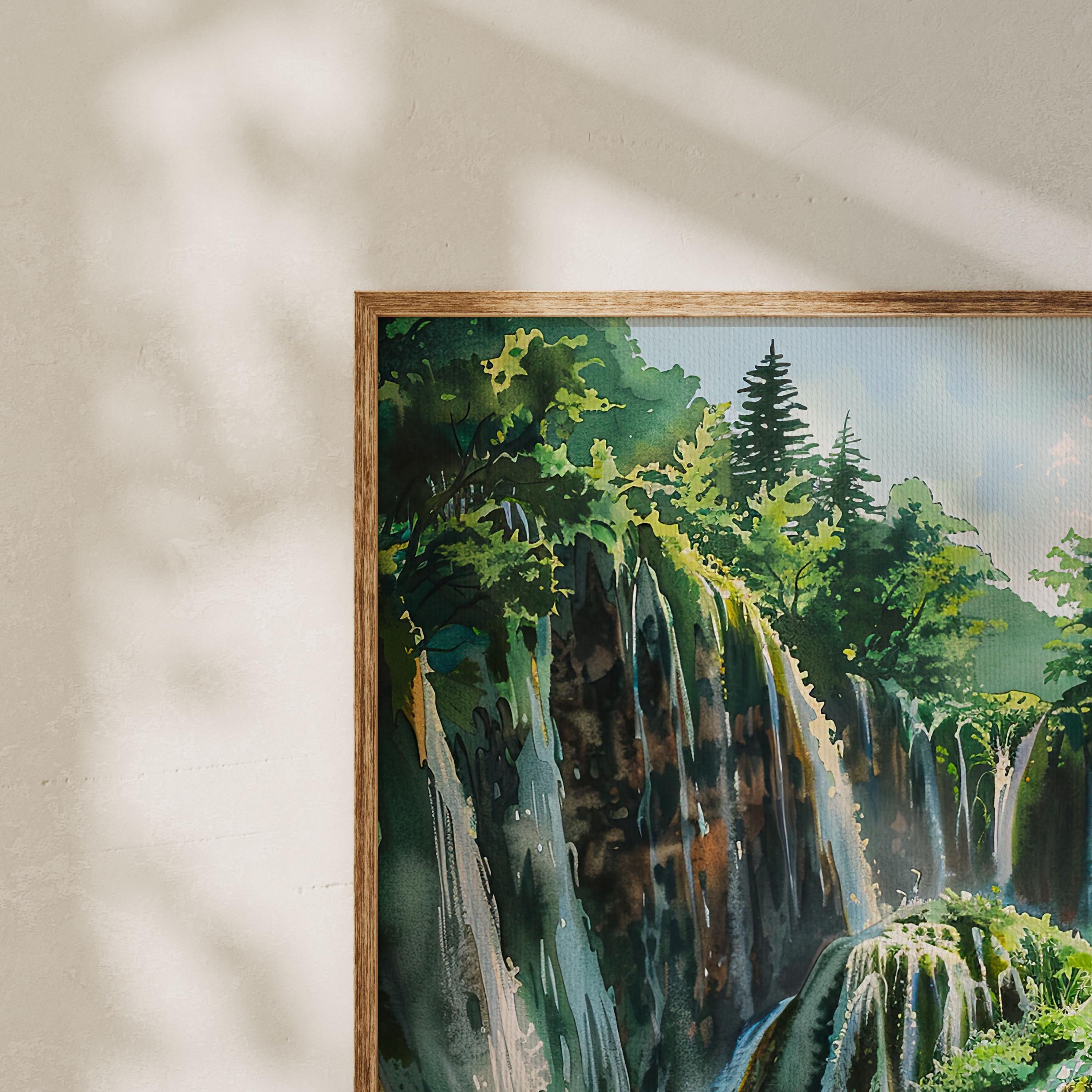 「クロアチアの滝」水彩画・原画 プリトヴィツェ湖の水彩画の秋のウォールアートプリント、クロアチアの