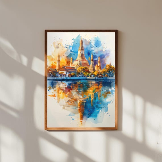 Watercolor Painting of Wat Arun Temple Thailand | Chao Phraya River Wall Art Print | Thai Landmark Travel Poster
