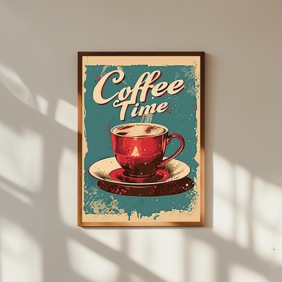 Retro Coffee Wall Art – Vintage Coffee Cup and Saucer Print, 50s Kitchen Decor, Mid-Century Cafe Style Poster, Cozy Coffee Bar Art