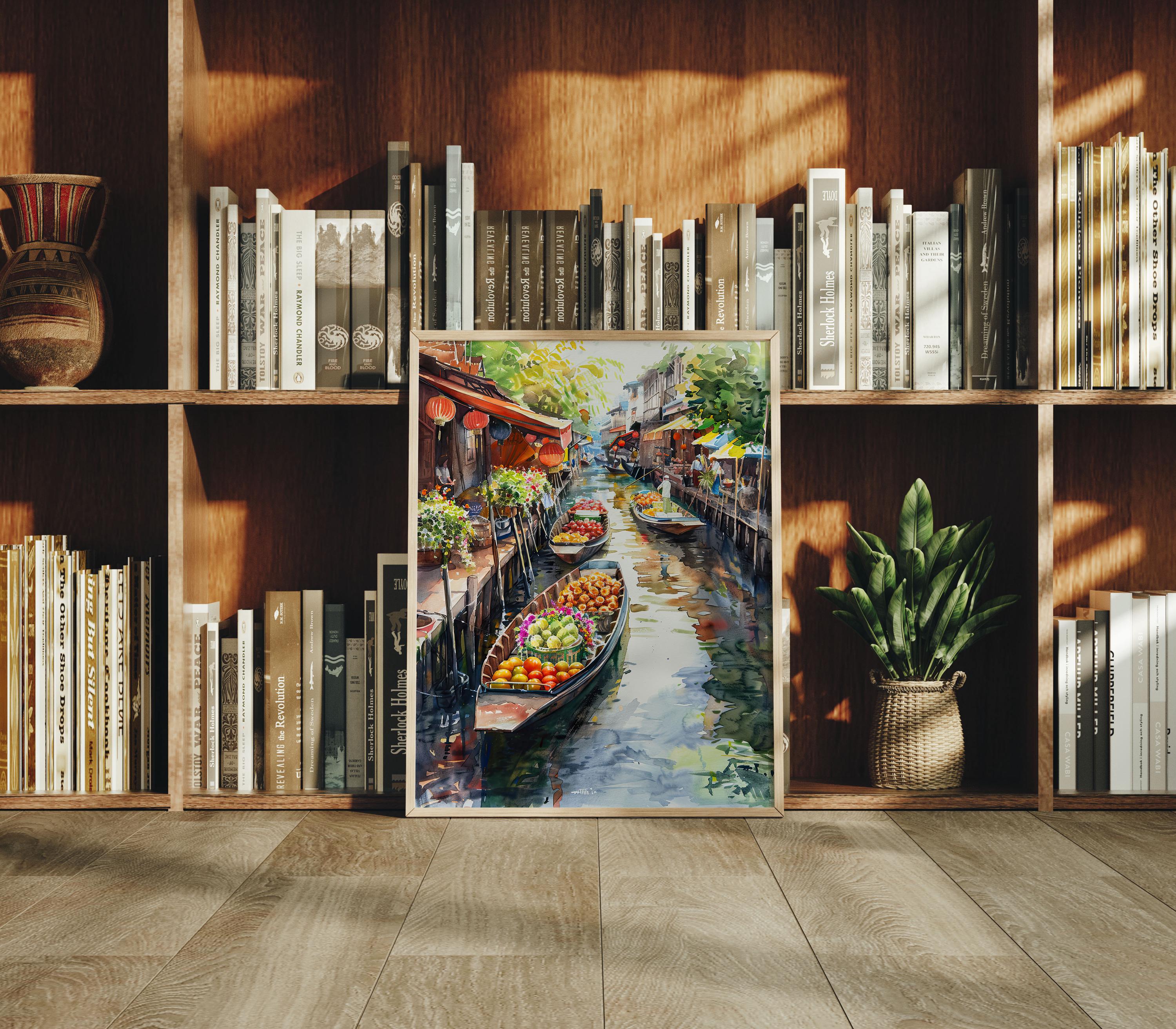 Thailand Floating Market Print: Watercolor Asian Canal Scene