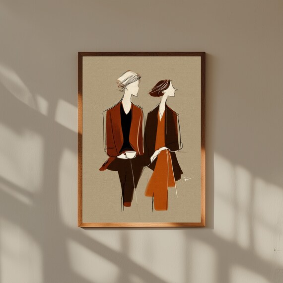 Minimalist Couple Line Art Print – Modern Abstract Wall Art – Earth Tone Romantic Sketch – Scandinavian Boho Home Decor