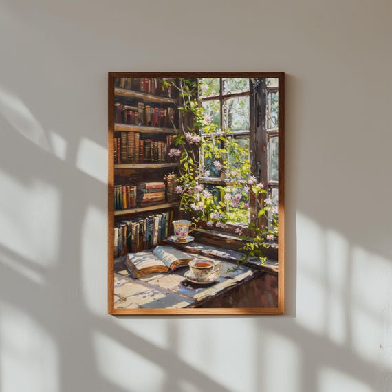 Rustic Vintage Library Oil Painting Print, Antique Study Wall Art, Old World Book Room Poster, Dark Academia Decor, Literary Office Art