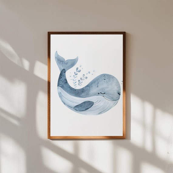 Adorable Baby Whale Watercolor Wall Art | Ocean Nursery Animal Print | Nautical Baby Room Decor | Gender Neutral Shower Gift