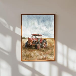 Farmhouse Tractor Painting – Vintage Red Tractor in Open Field – Rustic Farm Wall Art for Country or Barn Decor