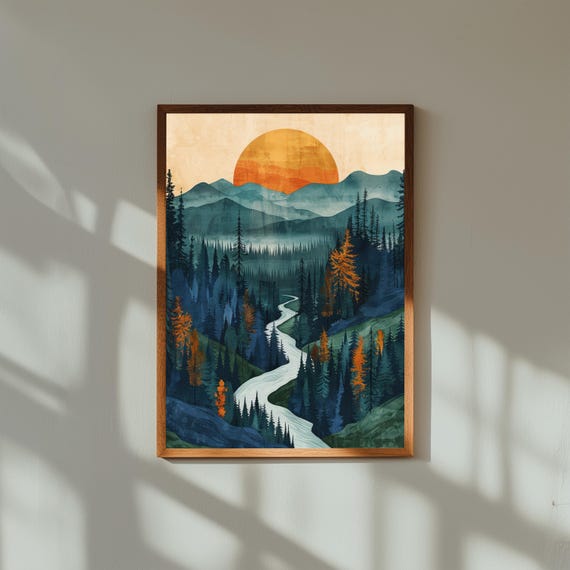 Retro Pine Forest Wall Art – Vintage River Landscape Print – Nature Poster for Cabin or Lodge Decor – Mid Century Modern Wilderness Scene