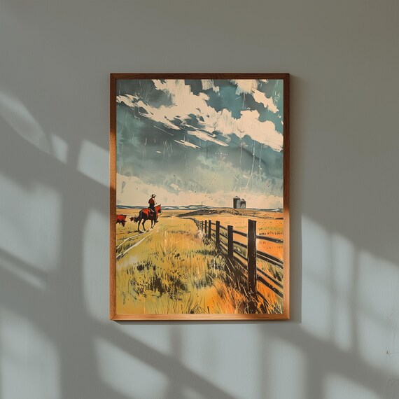 Rider Herding Cattle Print – Midcentury Lithograph-Style Cowboy Art, Rustic Ranch Scene, Vintage Western Horseback Wall Decor