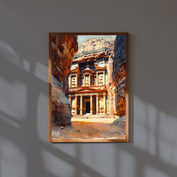 Watercolor Painting of Petra Monastery Jordan | Ancient Cliff Temple Wall Art Print | Desert Landmark Travel Poster