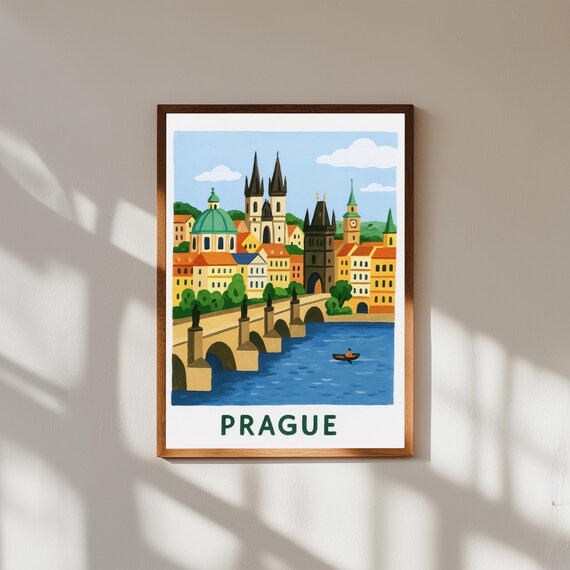 Prague Czech Republic Painting Poster – Charles Bridge & Old Town Wall Art – European City Print for Home Decor