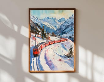 Glacier Express Watercolor Print: Swiss Alps Winter Train Art
