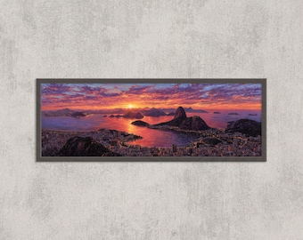 Impresión del atardecer en Río de Janeiro: Panorama del Pan de Azúcar, arte costero de Brasil
