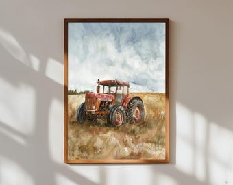 ファームオールトラクターの水彩画：オリジナルの農場風景アート