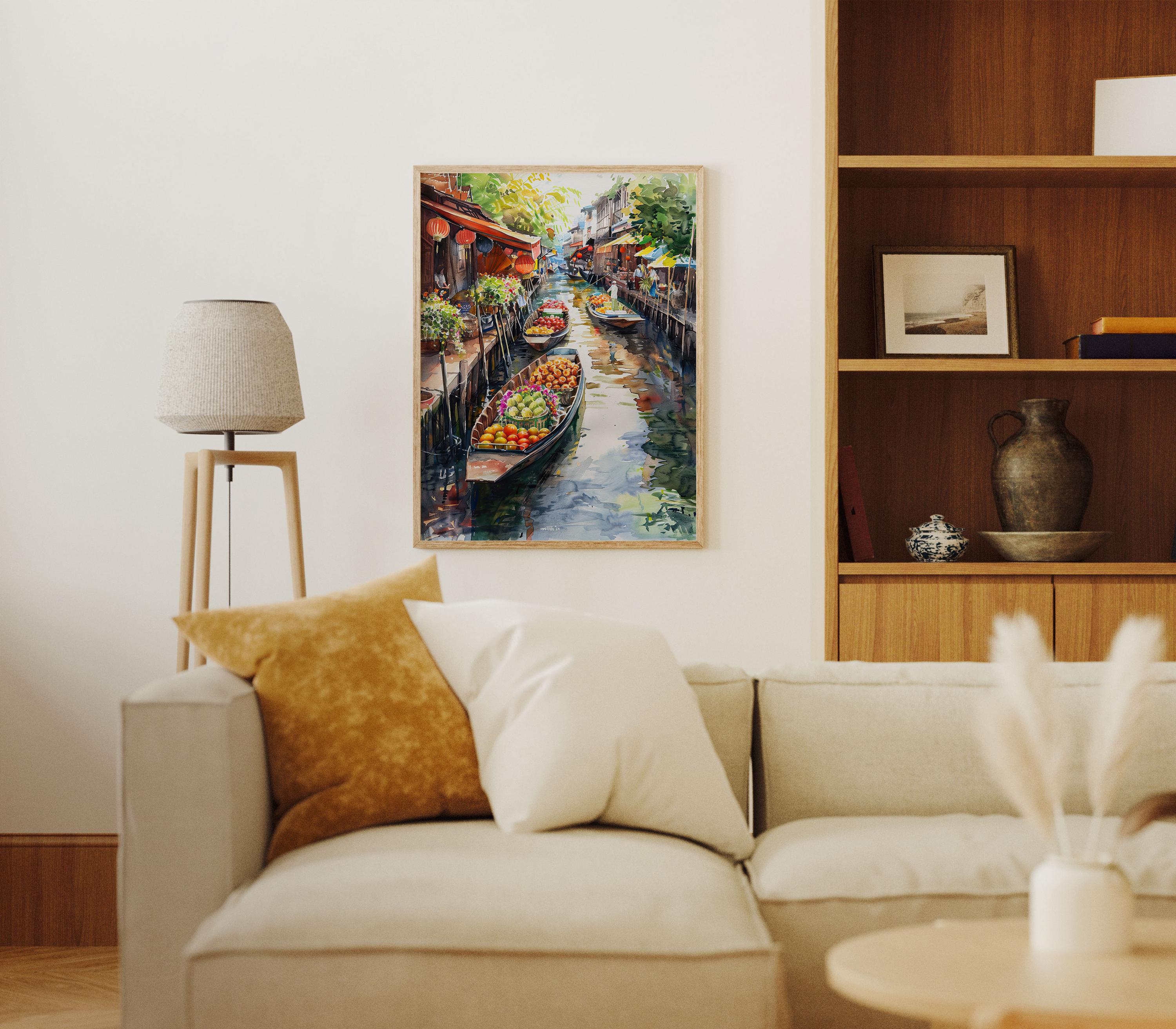 Thailand Floating Market Print: Watercolor Asian Canal Scene