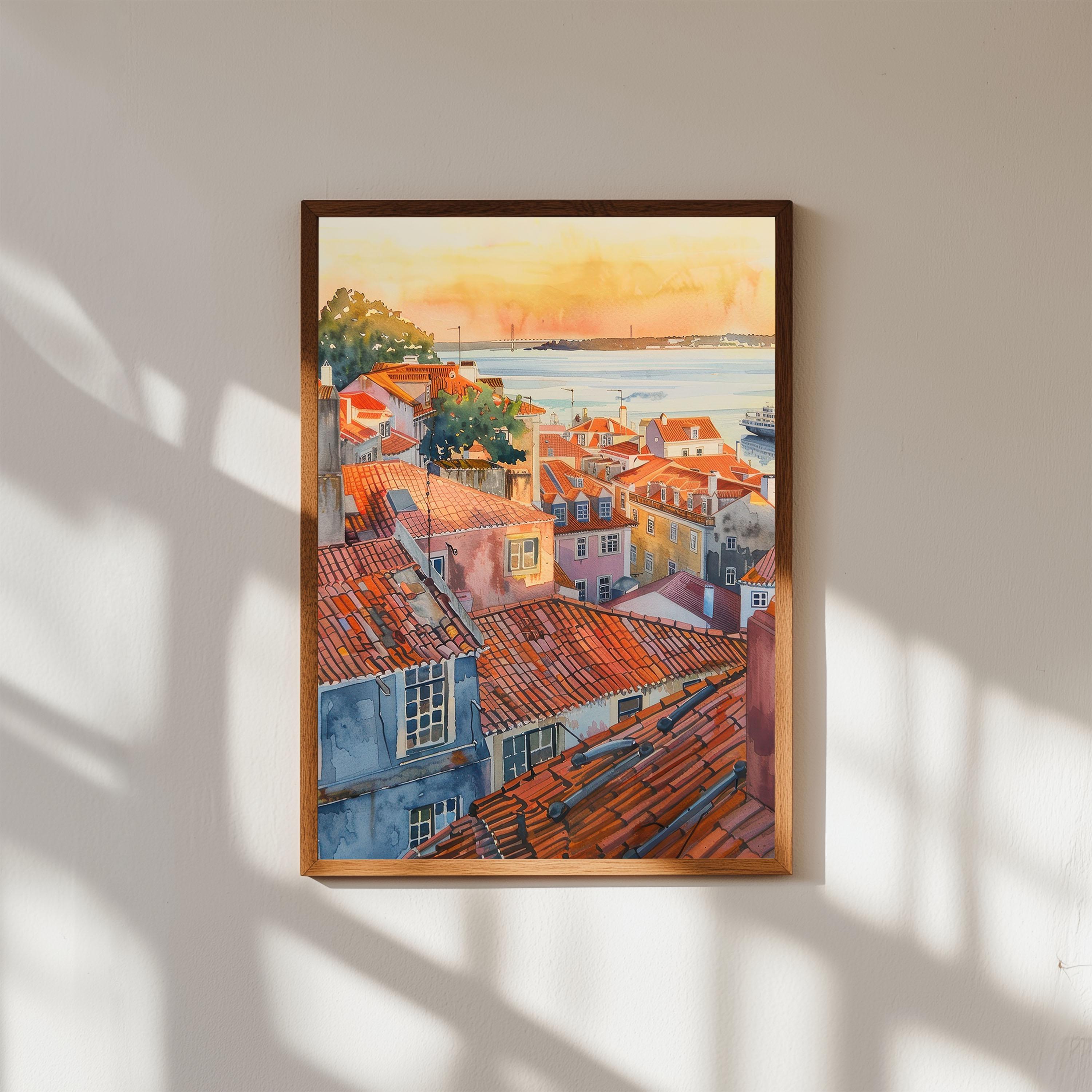 リスボンの屋根の水彩画：アルファマの夕日、ポルトガルの都市景観