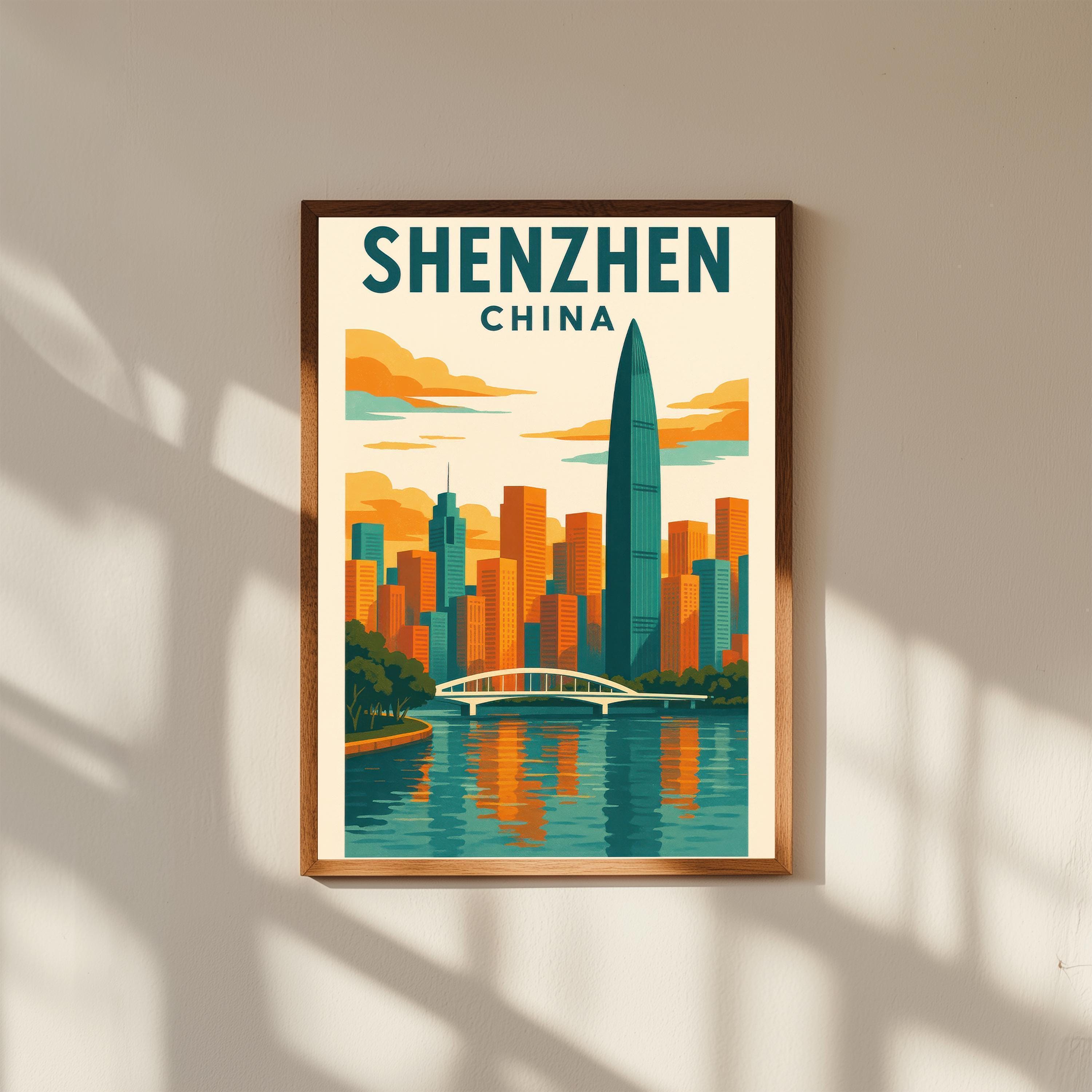 Shenzhen China Vintage Travel Poster Print – Retro Wall Art of Futian Skyline & Ping An Tower – Modern Chinese City Decor