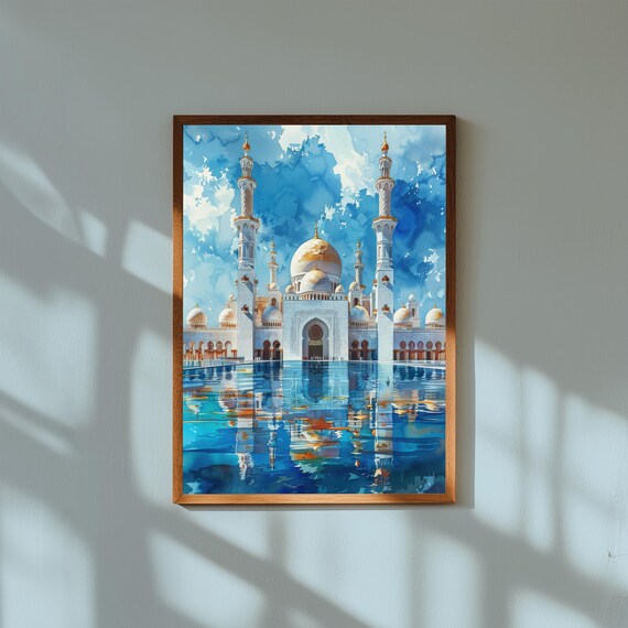 Watercolor Painting of Sheikh Zayed Grand Mosque | Sunset Islamic Architecture Wall Art Print | Abu Dhabi Travel Poster