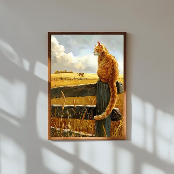 Barn Cat on Fence Print – Soft Country Illustration Wall Art – Rustic Farm Cat Artwork – Weathered Fence Animal Decor