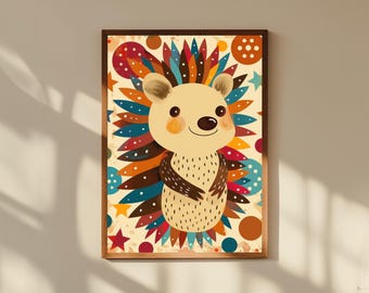 Stampa artistica per cameretta con riccio funky: decorazioni fantasiose in stile bosco