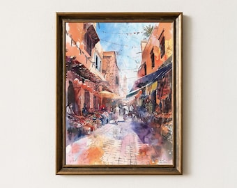 Marrakech Medina Watercolor Print – Vibrant Moroccan Market Street Wall Art