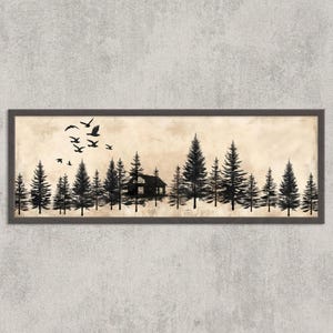 Scandinavian Panorama | Minimalist Cabin in Forest with Flying Birds | Nordic Rustic Wall Art