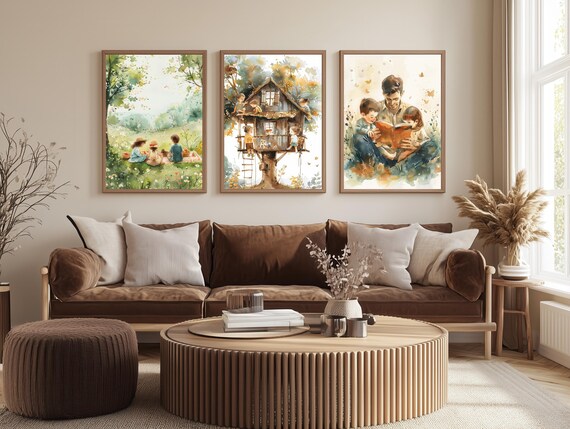 Whimsical Family Wall Art Set – Watercolor Prints of Childhood Moments, Treehouse, Reading Time & Picnic Scene for Nursery or Playroom