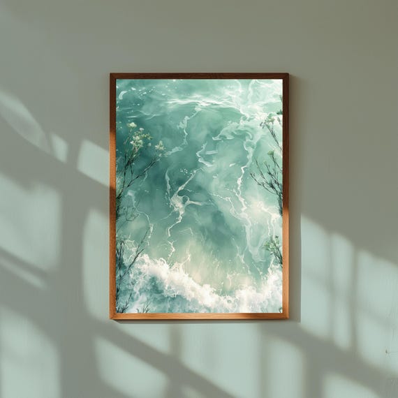 Underwater Ocean Scene Coastal Wall Art – Seaweed and Ripples Painting, Serene Blue Sea Print, Coastal Bathroom or Beach House Decor