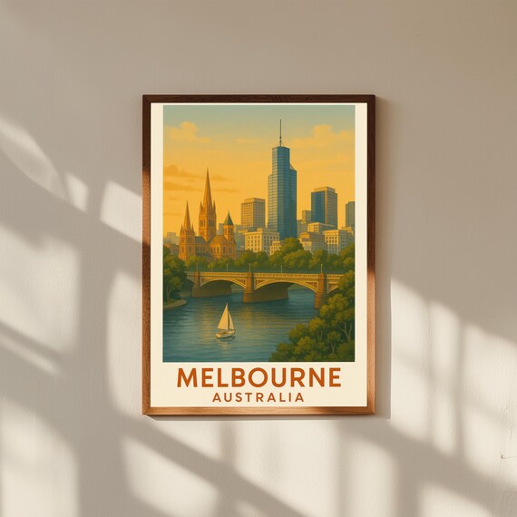 Melbourne Australia Vintage Travel Poster Print – Retro Wall Art of Flinders Street Station & Skyline – Urban City Decor for Home