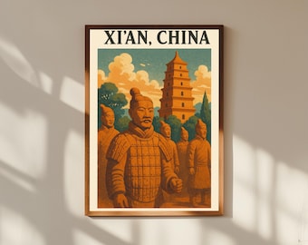 Xi’an China Vintage Travel Poster Print – Retro Wall Art of Terracotta Army & Ancient City Wall – Chinese Heritage Decor for Home