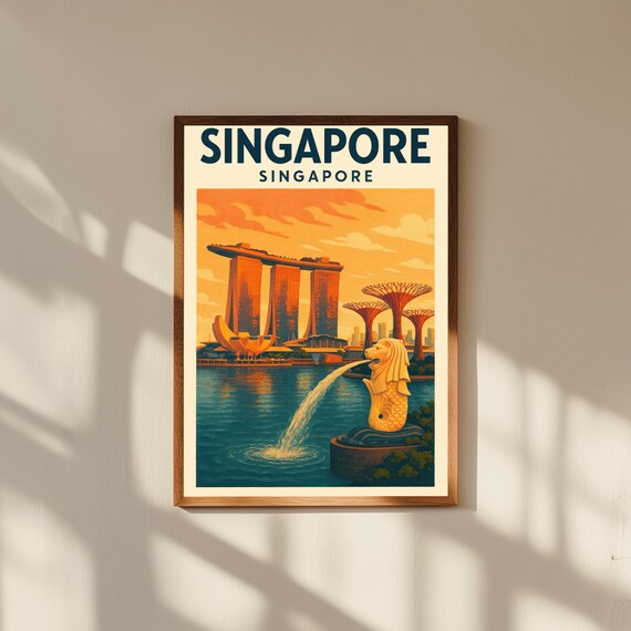 Singapore Vintage Travel Poster – Marina Bay Skyline Wall Art – Retro City Print for Modern Home Decor